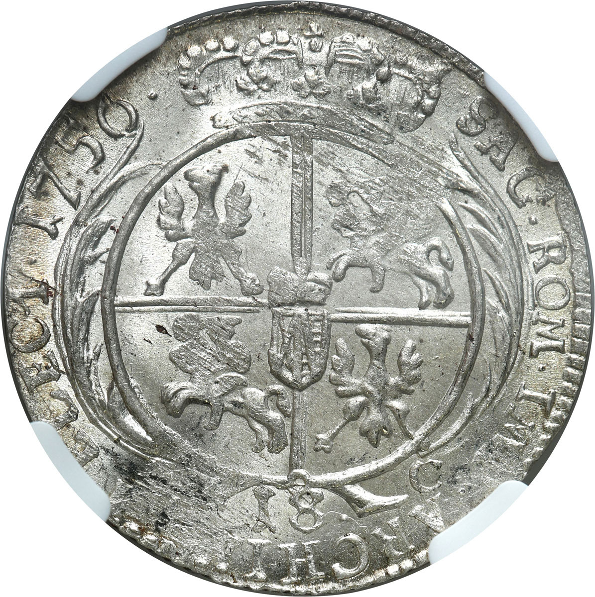 August III Sas. Ort (18 groszy) 1756 Lipsk NGC MS62 – PIĘKNY
